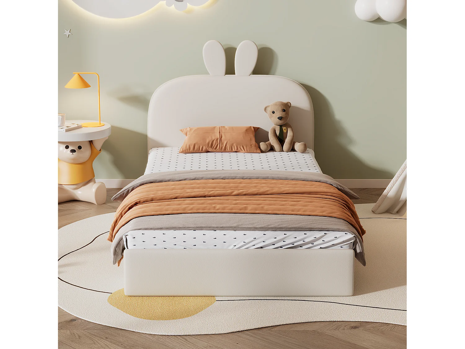 Lit enfant 90x200 cm avec tête de lit lapin et lattes en bois en velours beige (Sans matelas)