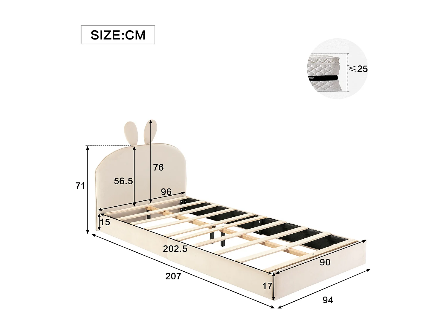 Lit enfant 90x200 cm avec tête de lit lapin et lattes en bois en velours beige (Sans matelas)