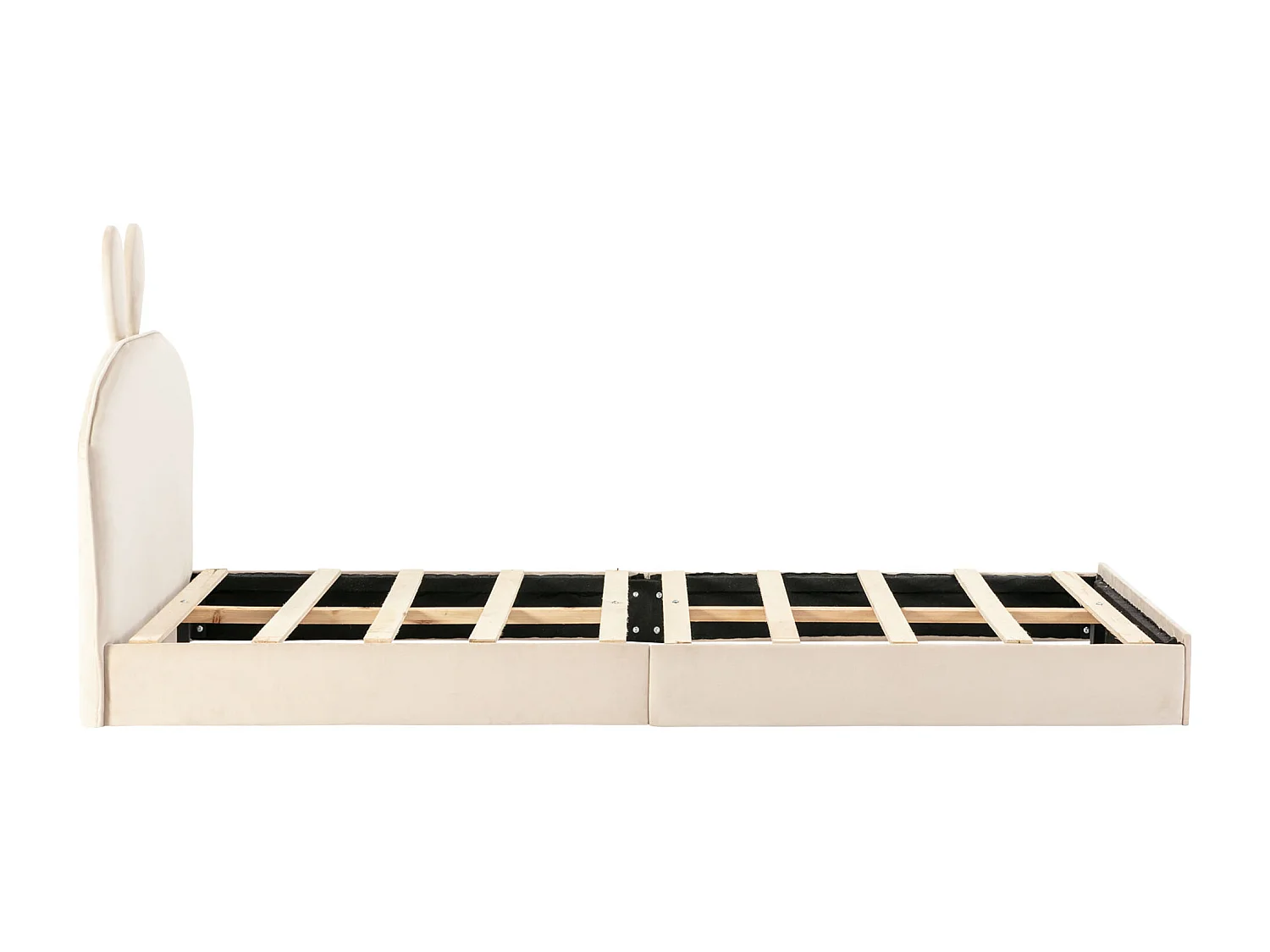 Lit enfant 90x200 cm avec tête de lit lapin et lattes en bois en velours beige (Sans matelas)