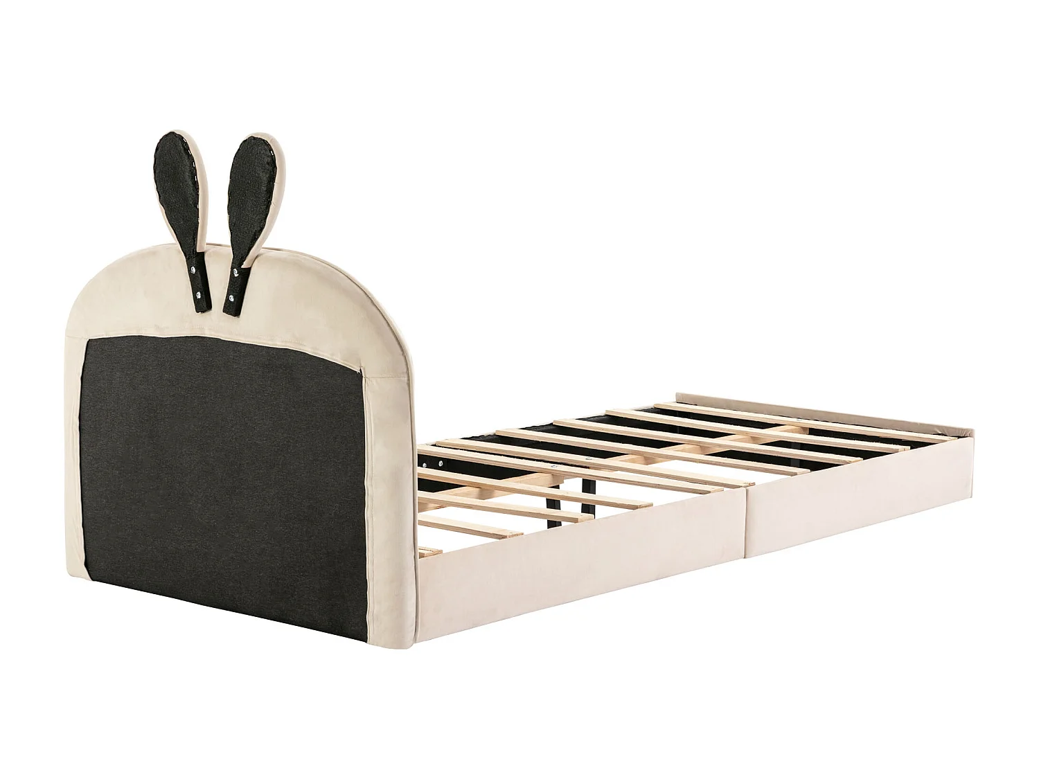 Lit enfant 90x200 cm avec tête de lit lapin et lattes en bois en velours beige (Sans matelas)