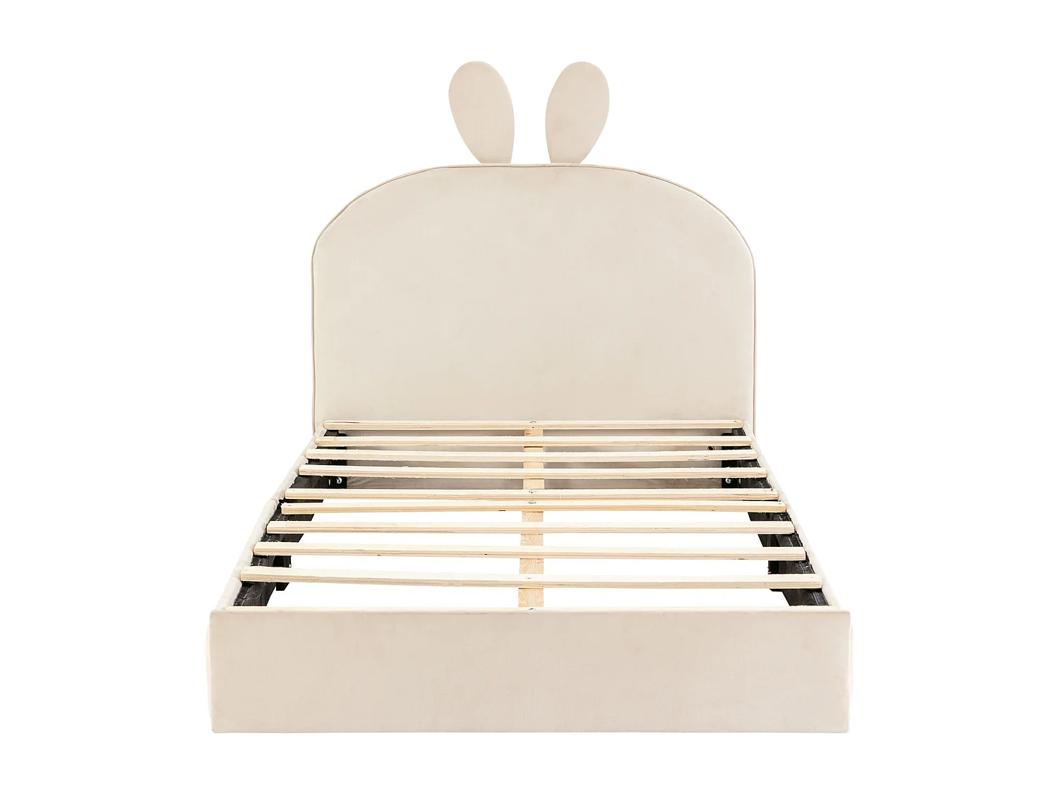 Lit enfant 90x200 cm avec tête de lit lapin et lattes en bois en velours beige (Sans matelas)