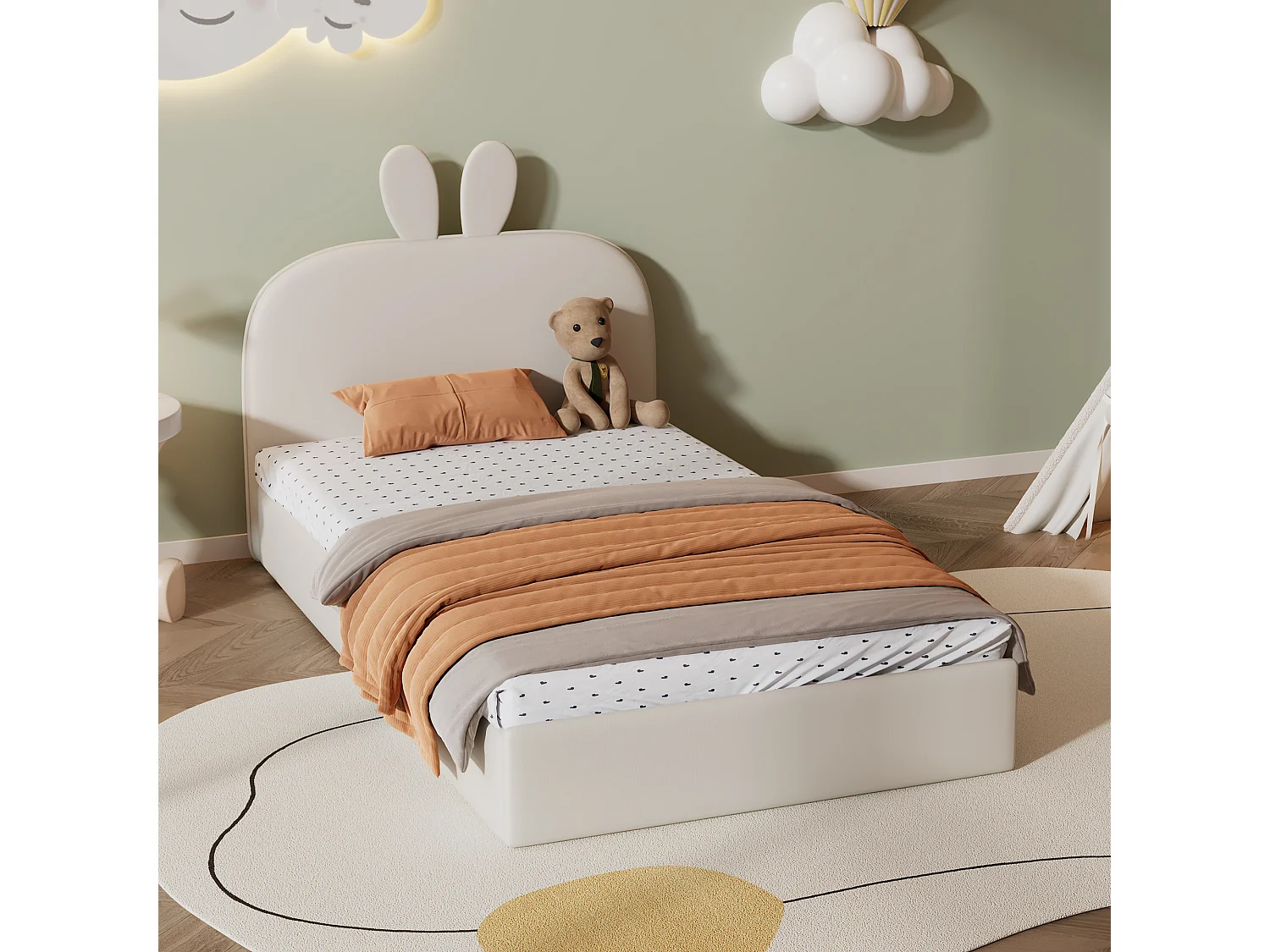 Lit enfant 90x200 cm avec tête de lit lapin et lattes en bois en velours beige (Sans matelas)