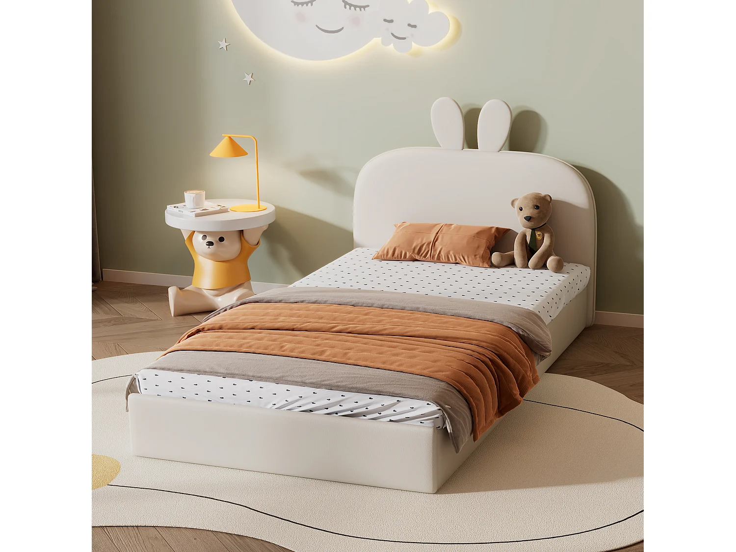 Lit enfant 90x200 cm avec tête de lit lapin et lattes en bois en velours beige (Sans matelas)