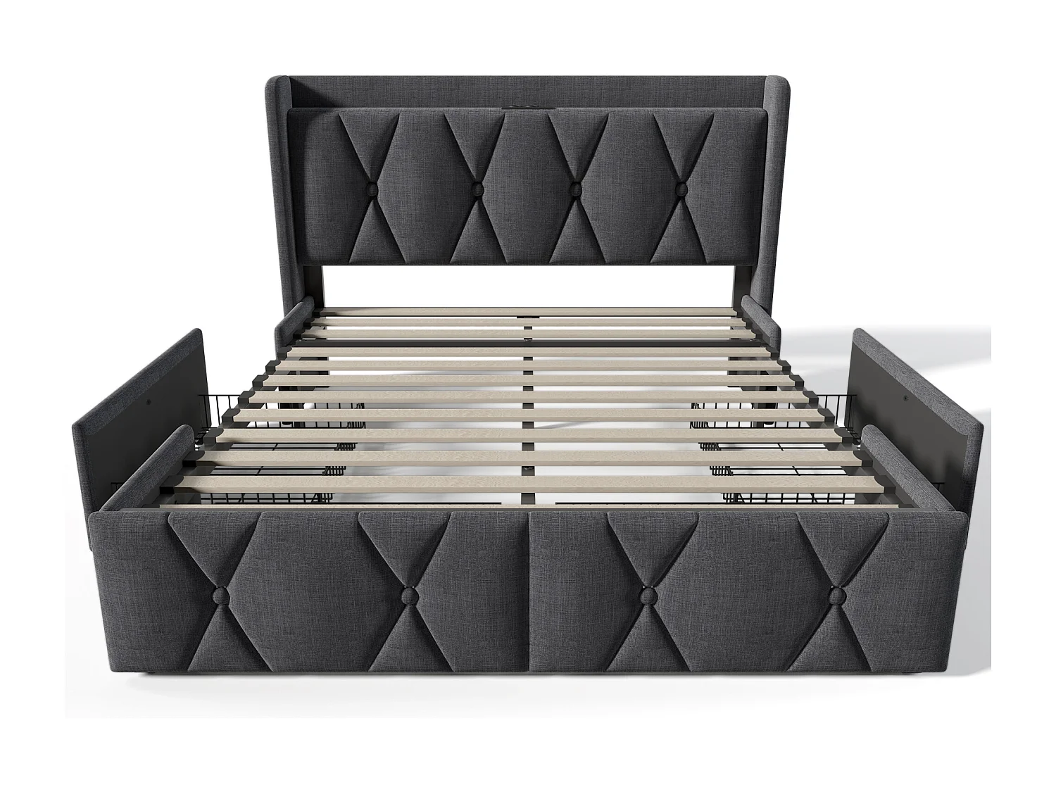 Lit adulte 160x200 cm avec sommier - tête de lit USB et 4 tiroirs de rangement - tissu lin gris (sans matelas)