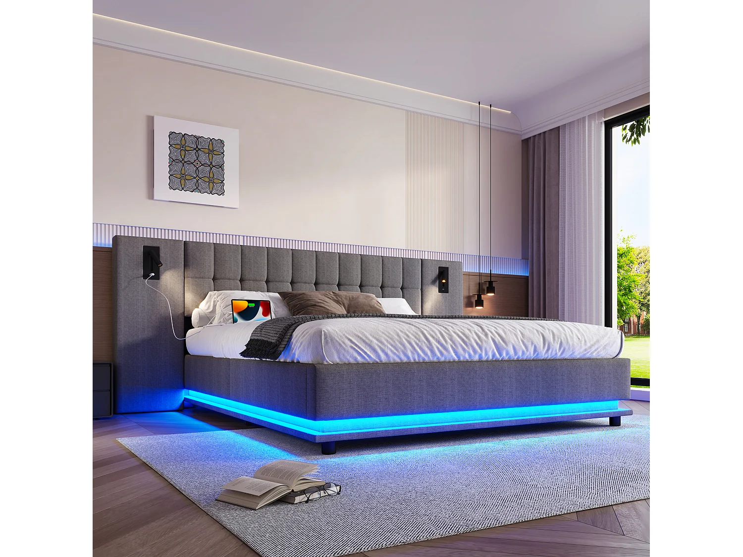 Lit double 180x200cm rembourré style contemporain, fonction lecture avec spot, lin pour chambre, gris Sans matelas