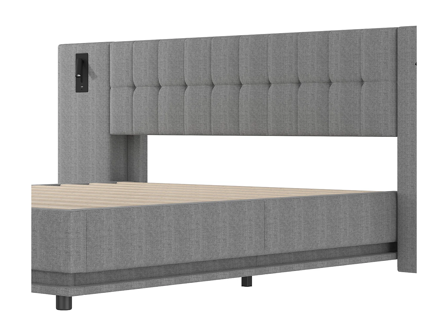 Lit double 180x200 cm avec bande LED, avec spot et port USB, en lin, gris (Sans matelas)