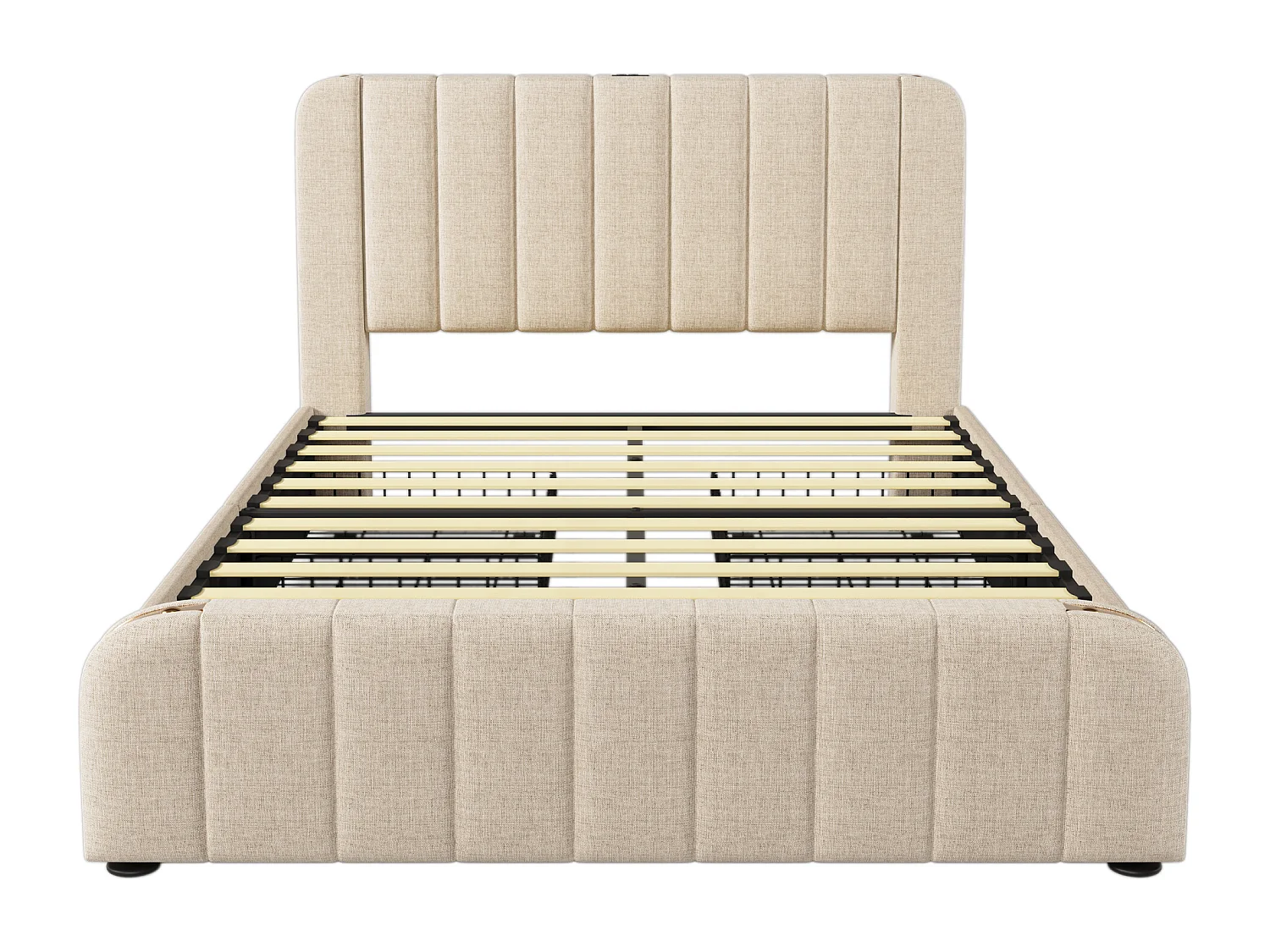 Lit double 160x200 cm avec ports USB et USB C, 4 tiroirs, tissu lin beige (Sans matelas)