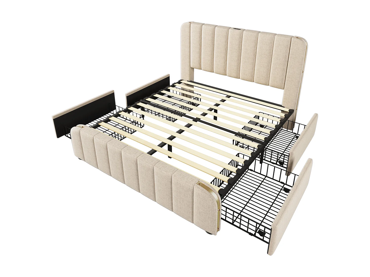Lit double 160x200 cm avec ports USB et USB C, 4 tiroirs, tissu lin beige (Sans matelas)