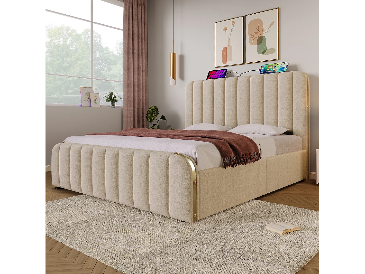 Lit double 160x200 cm avec ports USB et USB C, 4 tiroirs, tissu lin beige (Sans matelas)