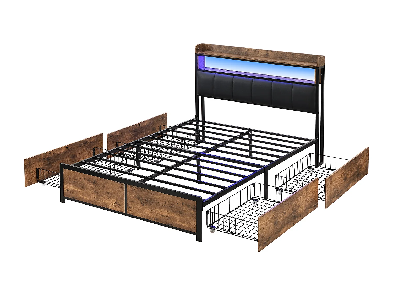 Lit adulte 140x200 cm avec sommier en bois - tête de lit rangement et 4 tiroirs - similicuir - noir (sans matelas)