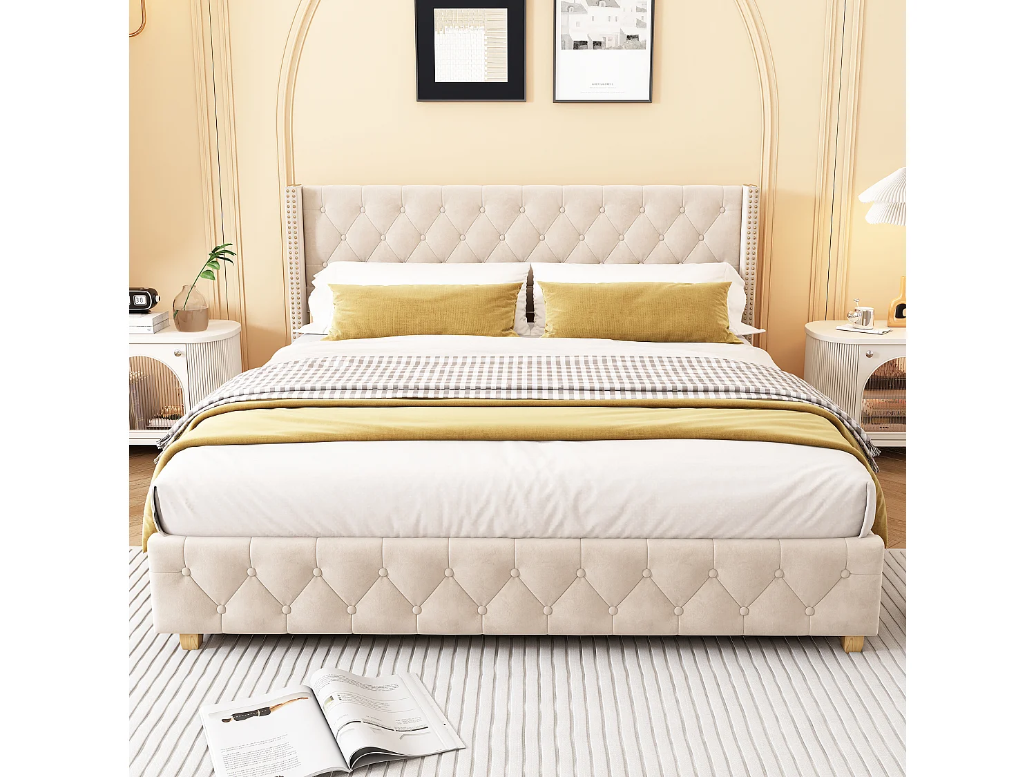 Lit double 160x200 cm avec sommier à lattes, tête de lit capitonnée, velours, beige clair (Sans matelas)