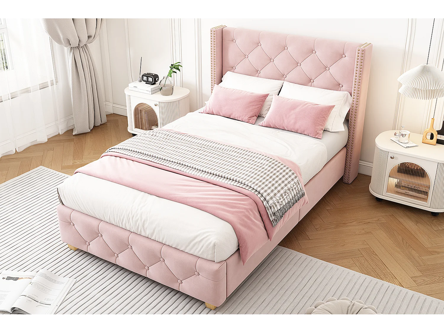 Lit enfant 90x200 cm avec sommier - tête de lit capitonnée - cadre de lit en bois - velours rose (sans matelas)