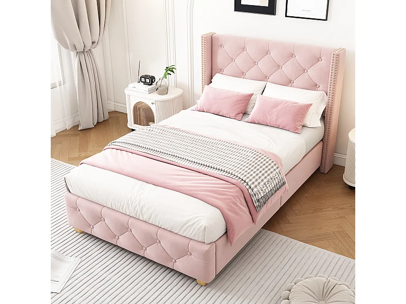Lit enfant 90x200 cm avec sommier - tête de lit capitonnée - cadre de lit en bois - velours rose (sans matelas)