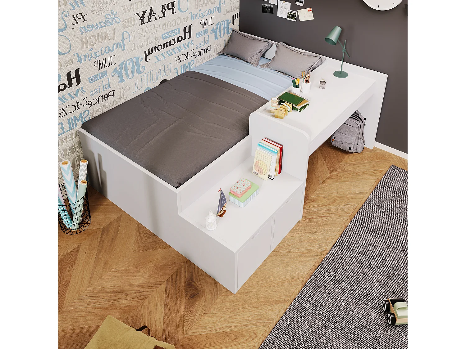 Lit enfant 90x200cm avec bureau et tiroirs Espace de rangement Tapis antidérapant en blanc pour enfant