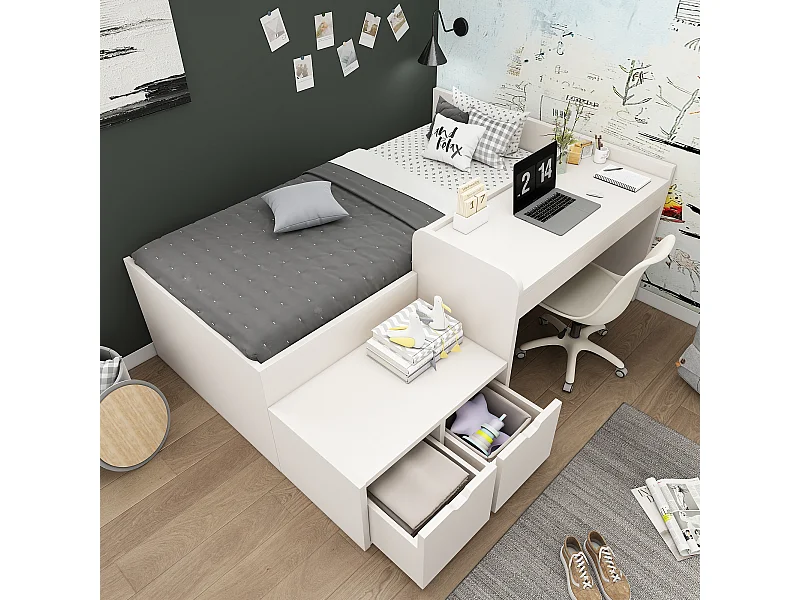 Lit enfant 90x200cm avec bureau et tiroirs Espace de rangement Tapis antidérapant en blanc pour enfant