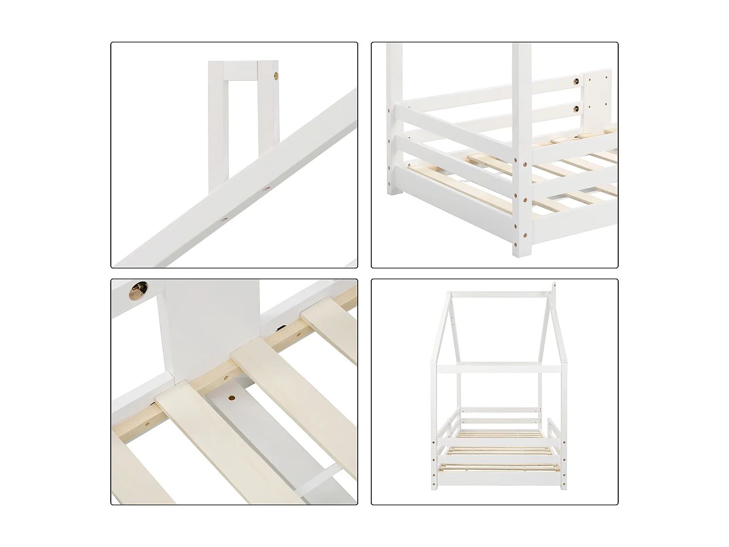 Lit cabane 90x200 cm avec protection anti-chute - sommier à lattes en bois - blanc (sans matelas)