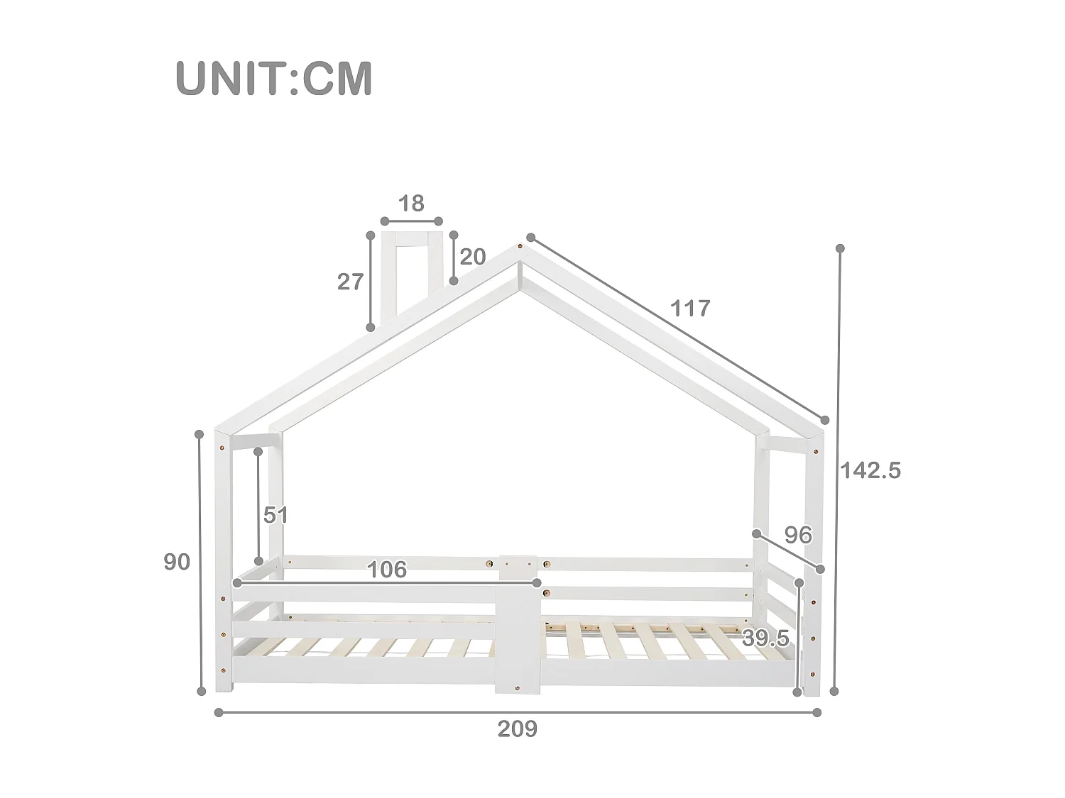 Lit enfant 90x200 cm, avec protection antichute, 15 lattes rigides, bois massif blanc(Sans matelas)