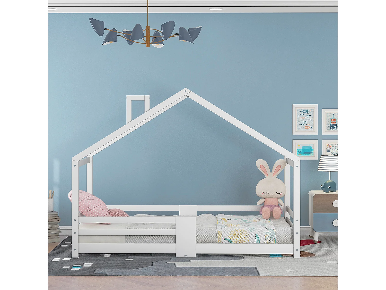 Lit enfant 90x200 cm, avec protection antichute, 15 lattes rigides, bois massif blanc(Sans matelas)