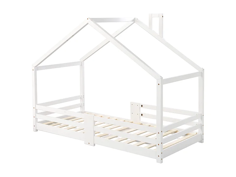 Lit enfant 90x200 cm, avec protection antichute, 15 lattes rigides, bois massif blanc(Sans matelas)
