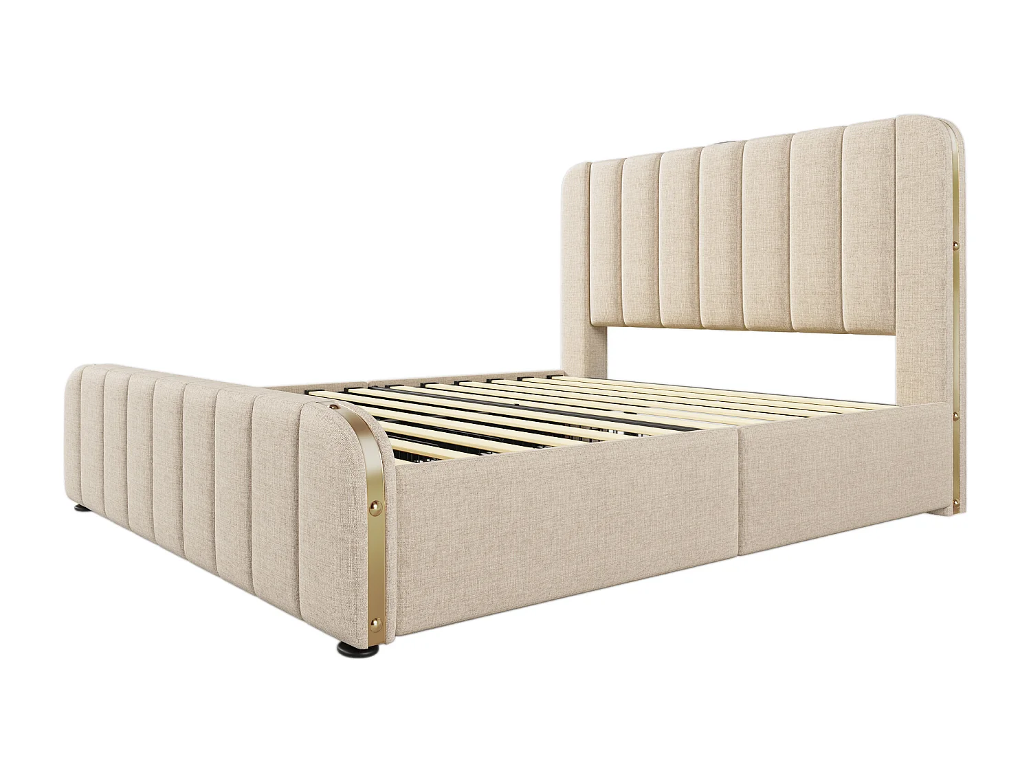 Lit double 140x200 cm avec USB et Type C, 4 tiroirs, tissu en lin beige (Sans matelas)
