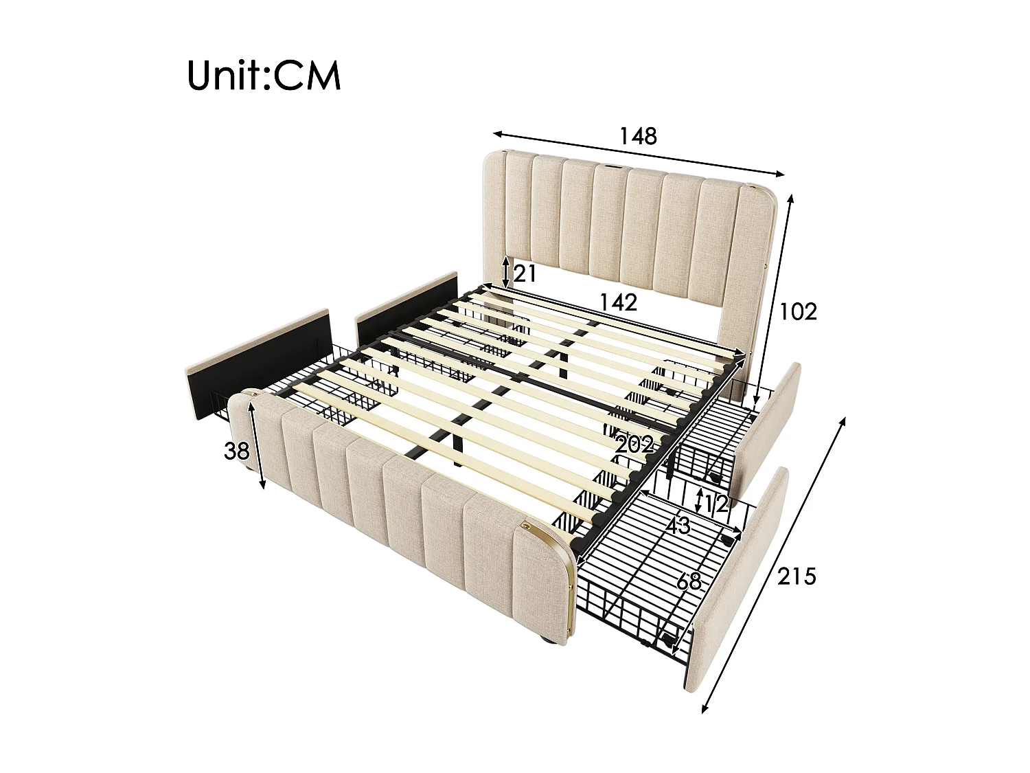 Lit double 140x200 cm avec USB et Type C, 4 tiroirs, tissu en lin beige (Sans matelas)