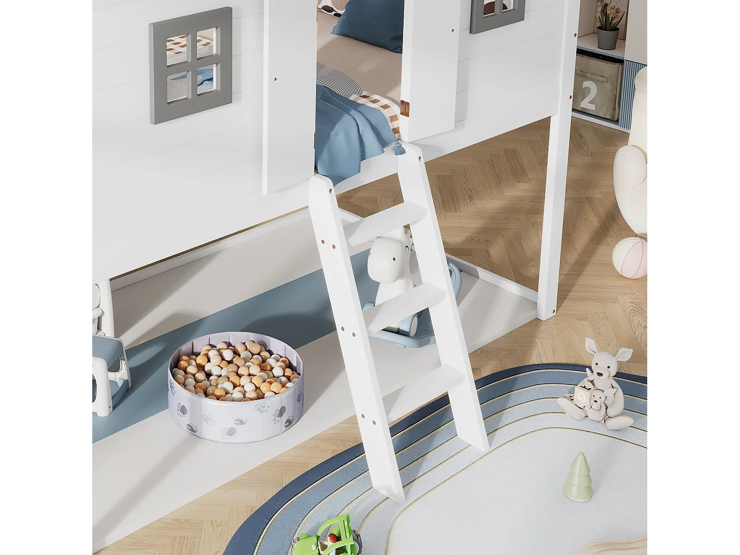 Lit enfant 90x200cm avec échelle et rambarde antichute Design maison en bois en blanc pour enfants et adolescents