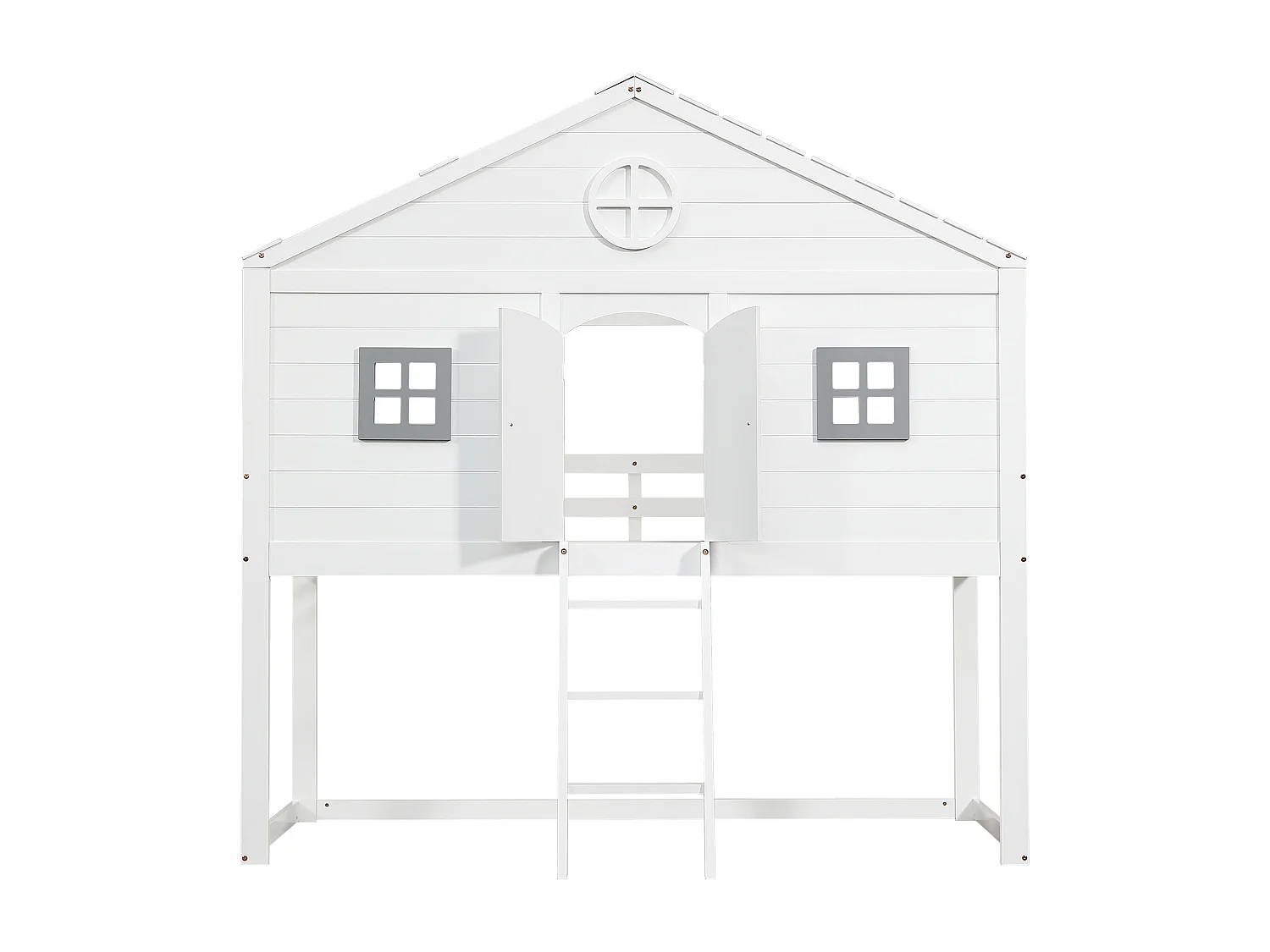 Lit enfant 90x200 cm avec escalier, fenêtres grises, barrière de sécurité, bois et MDF blanc et gris (Sans matelas)