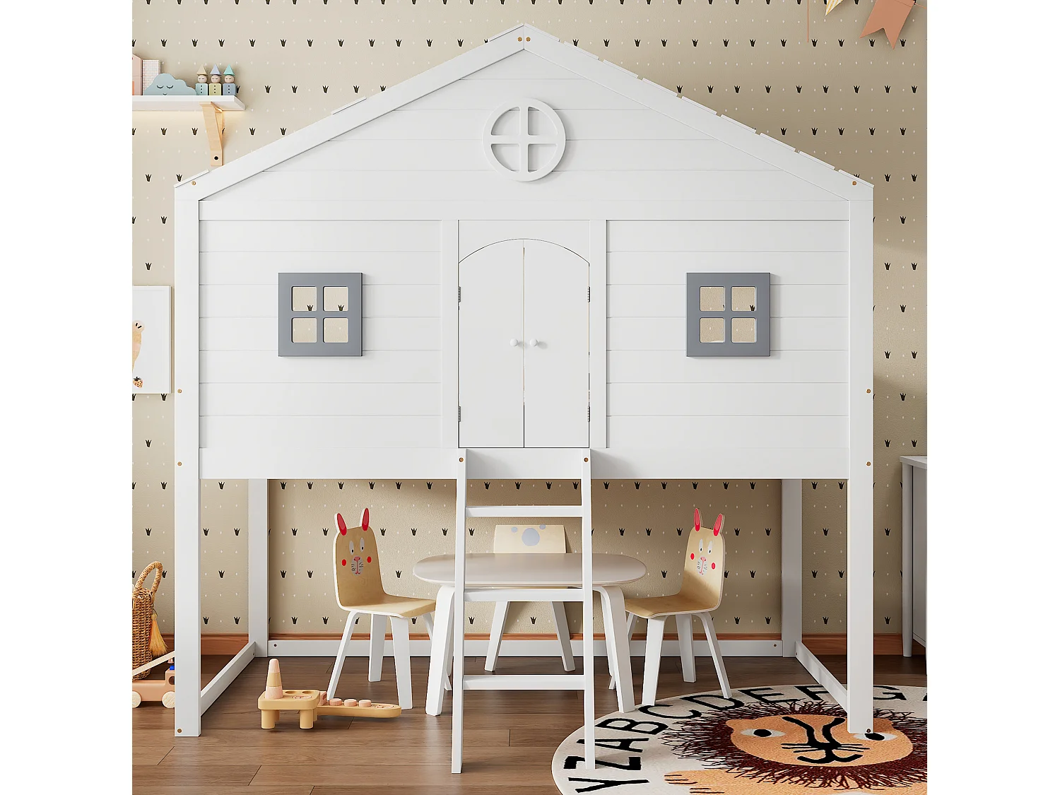 Lit enfant 90x200 cm avec escalier, fenêtres grises, barrière de sécurité, bois et MDF blanc et gris (Sans matelas)