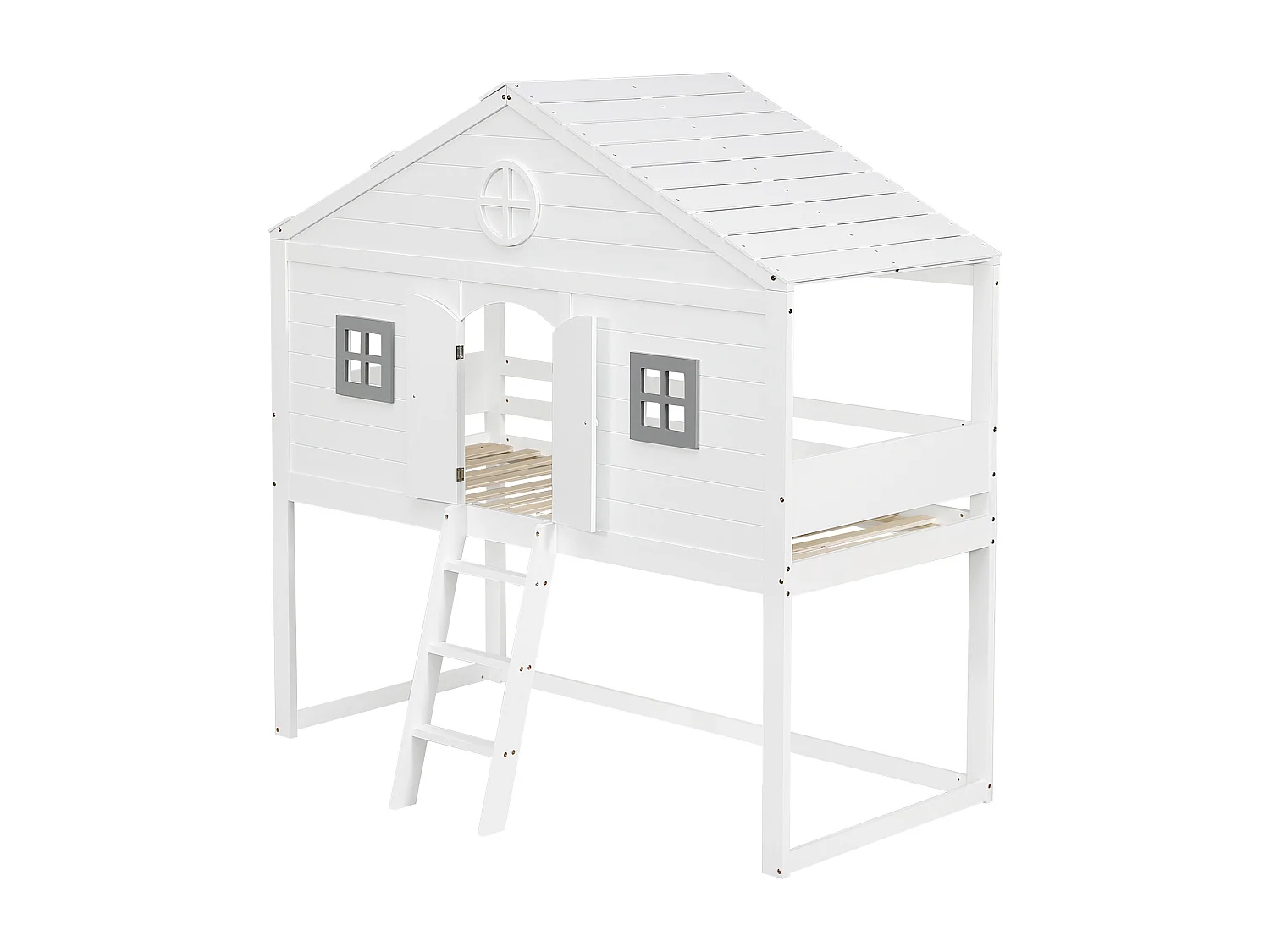 Lit enfant 90x200 cm avec escalier, fenêtres grises, barrière de sécurité, bois et MDF blanc et gris (Sans matelas)