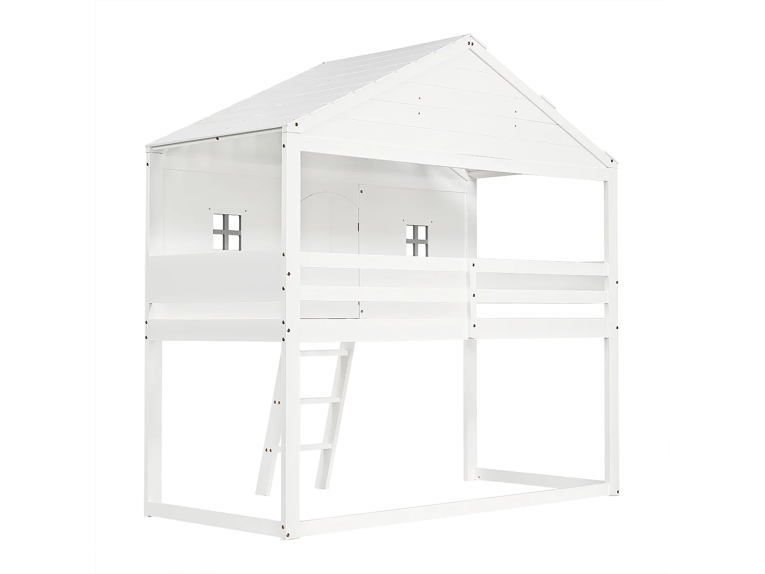 Lit enfant 90x200 cm avec escalier, fenêtres grises, barrière de sécurité, bois et MDF blanc et gris (Sans matelas)