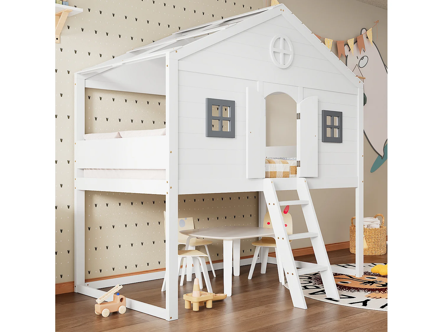 Lit enfant 90x200 cm avec escalier, fenêtres grises, barrière de sécurité, bois et MDF blanc et gris (Sans matelas)