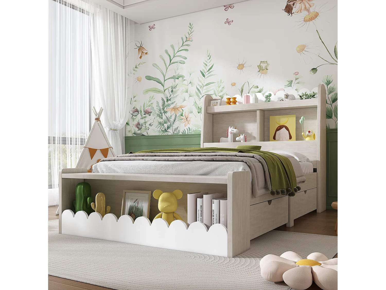 Lit enfant 90x200 cm, 2 tiroirs, étagères et banc de rangement, bois massif et MDF, blanc et chêne clair(Sans matelas)