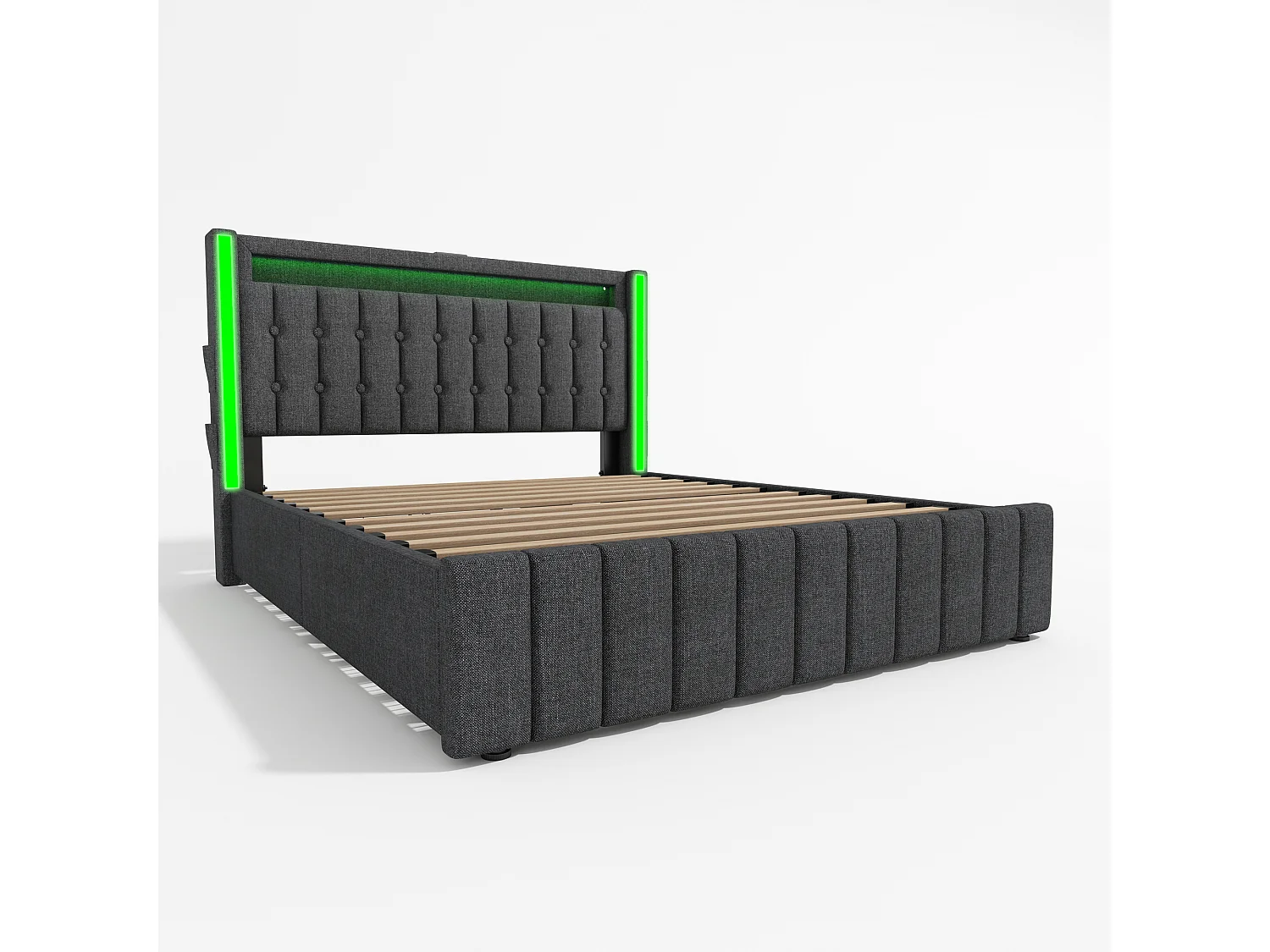 Lit double 140x200 cm avec LED, USB Type C et 4 tiroirs, en lin gris (Avec matelas)