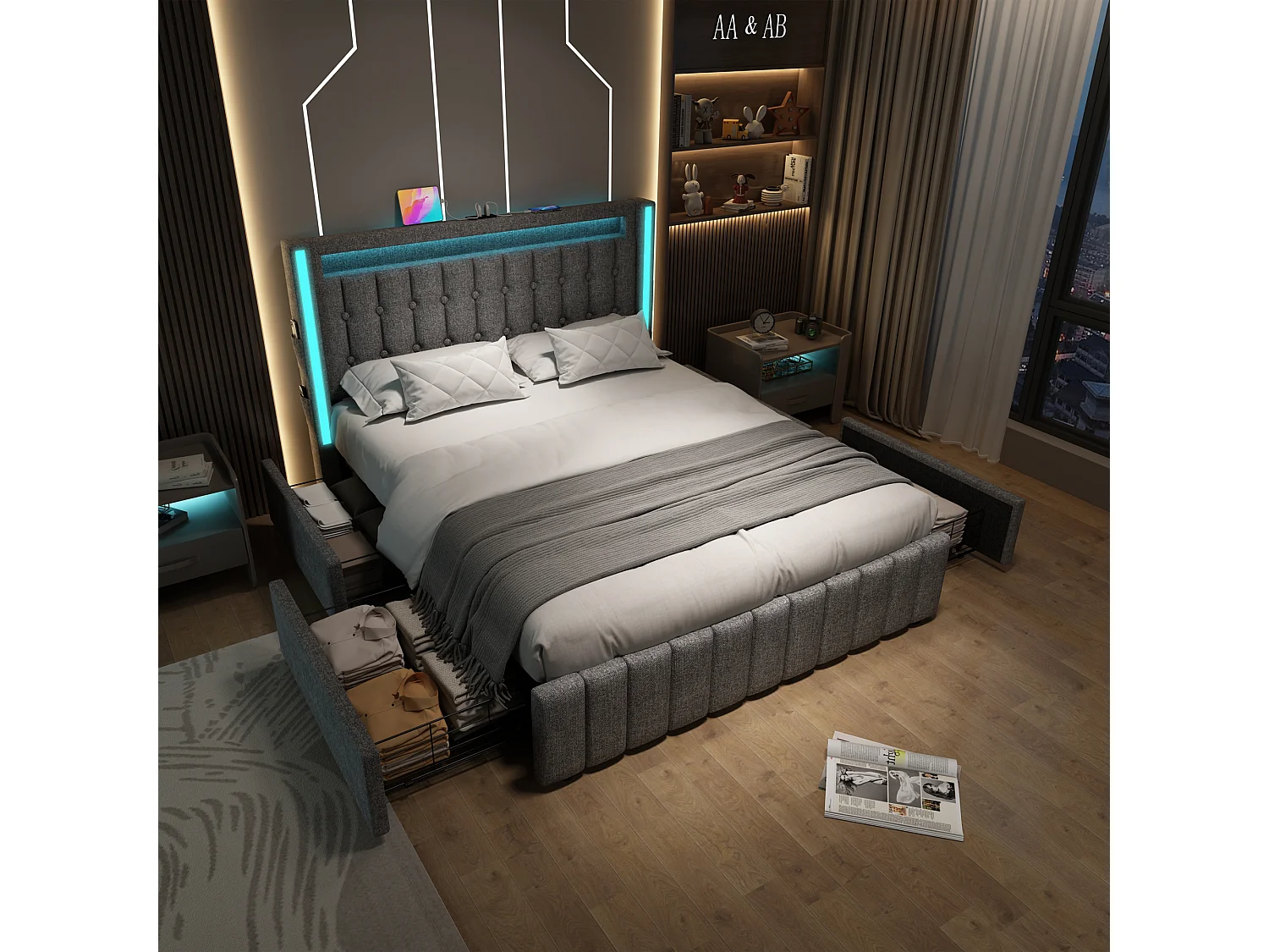 Lit double 140x200 cm avec LED, USB Type C et 4 tiroirs, en lin gris (Avec matelas)