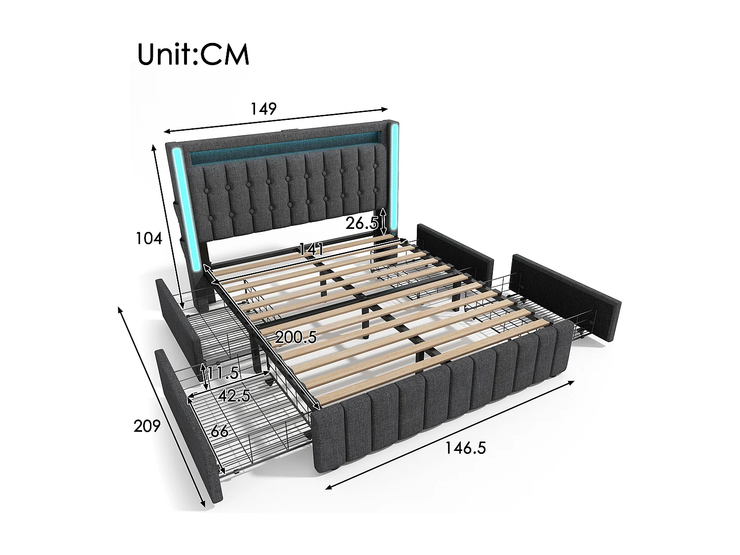 Lit double 140x200 cm avec LED, USB Type C et 4 tiroirs, en lin gris (Avec matelas)
