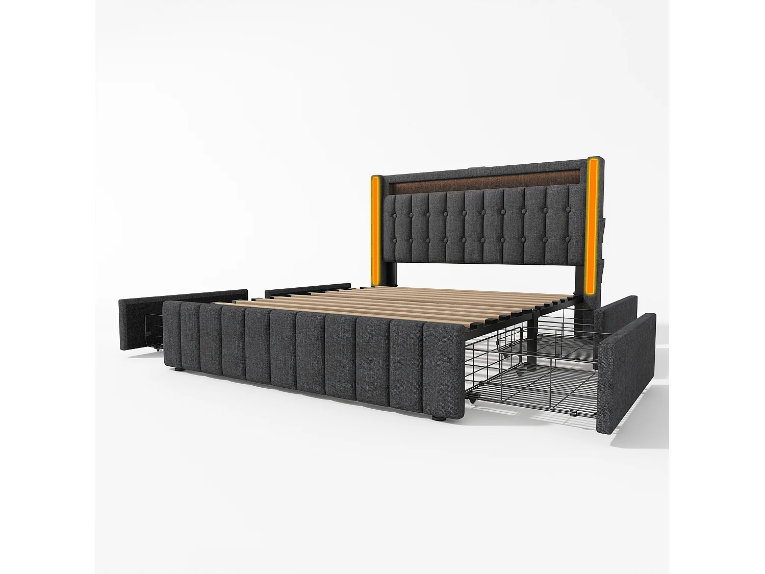 Lit double 140x200 cm avec LED, USB Type C et 4 tiroirs, en lin gris (Avec matelas)