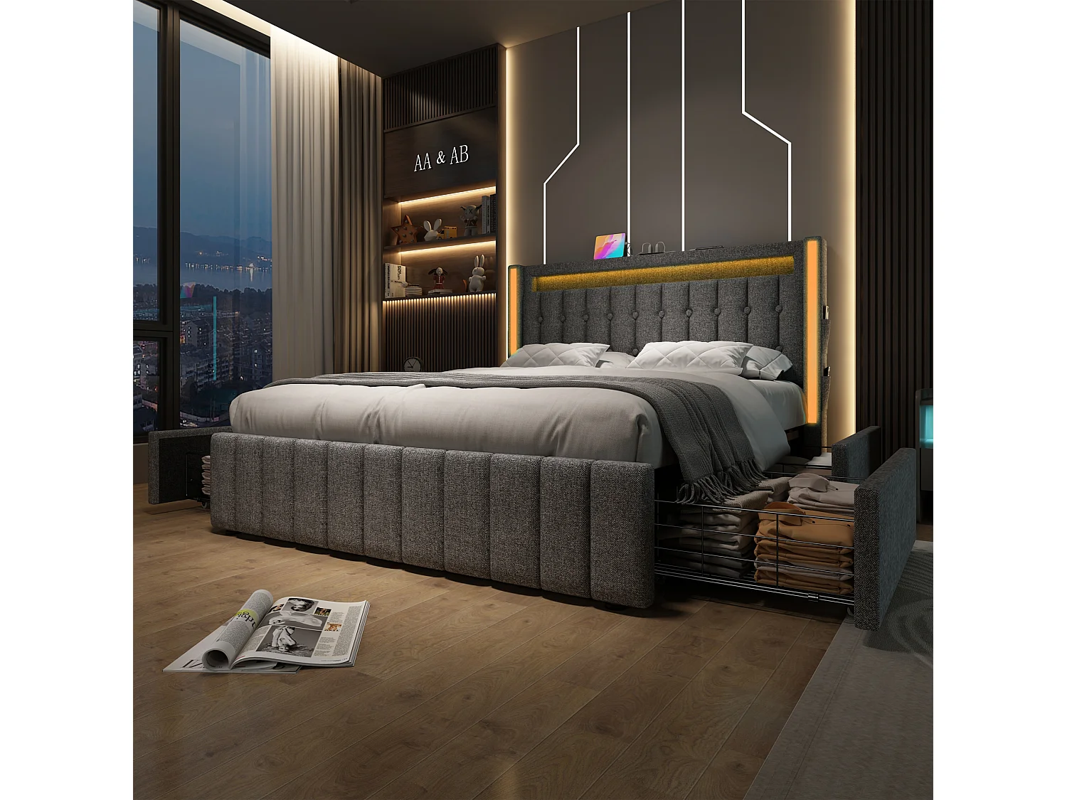 Lit double 140x200 cm avec LED, USB Type C et 4 tiroirs, en lin gris (Avec matelas)
