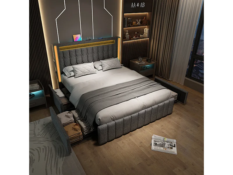 Lit double 140x200cm avec Matelas USB quatre tiroirs Cadre de lit à lattes en bois gris pour adultes et adolescents