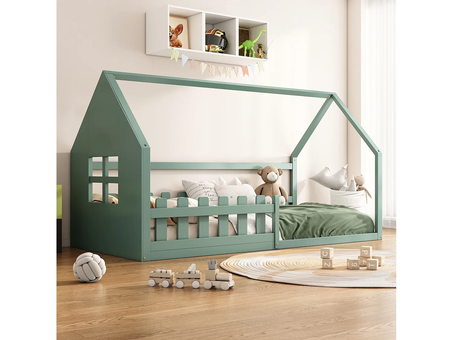 Lit enfant 90x200 cm, design maison, sommier à lattes, pin et MDF vert(Sans matelas)