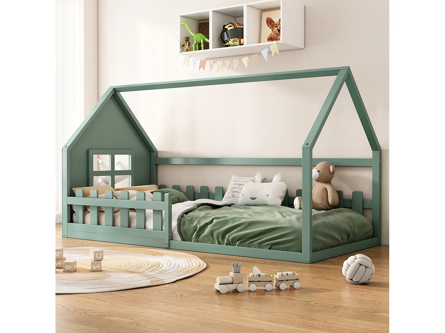 Lit enfant 90x200 cm, design maison, sommier à lattes, pin et MDF vert(Sans matelas)