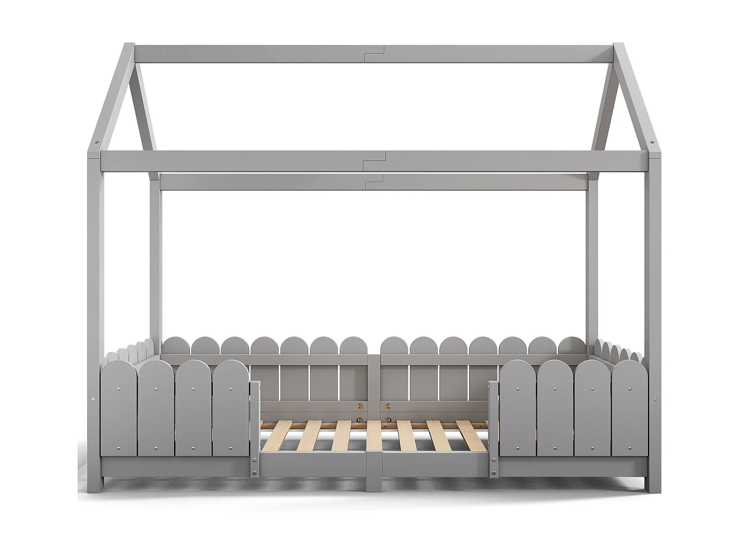 Lit enfant 90x200 cm, avec toit, barrière de sécurité, sommier à lattes, bois massif et MDF gris(Sans matelas)