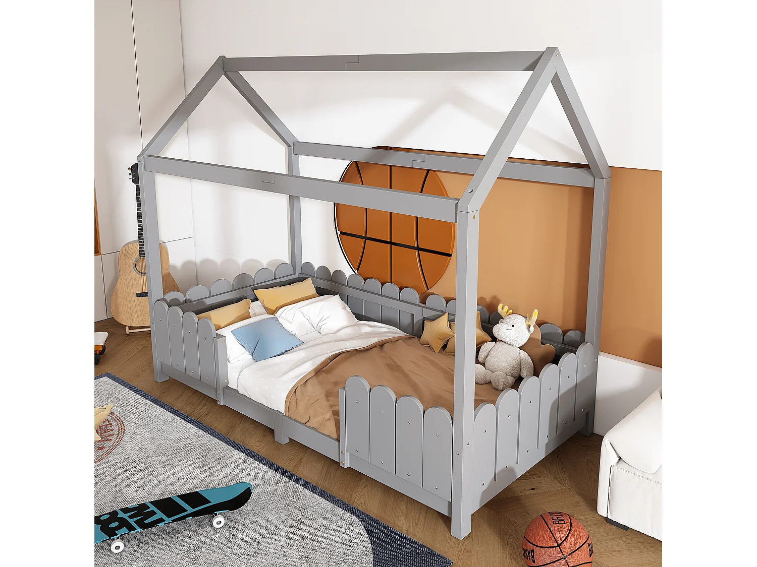 Lit enfant 90x200 cm, avec toit, barrière de sécurité, sommier à lattes, bois massif et MDF gris(Sans matelas)
