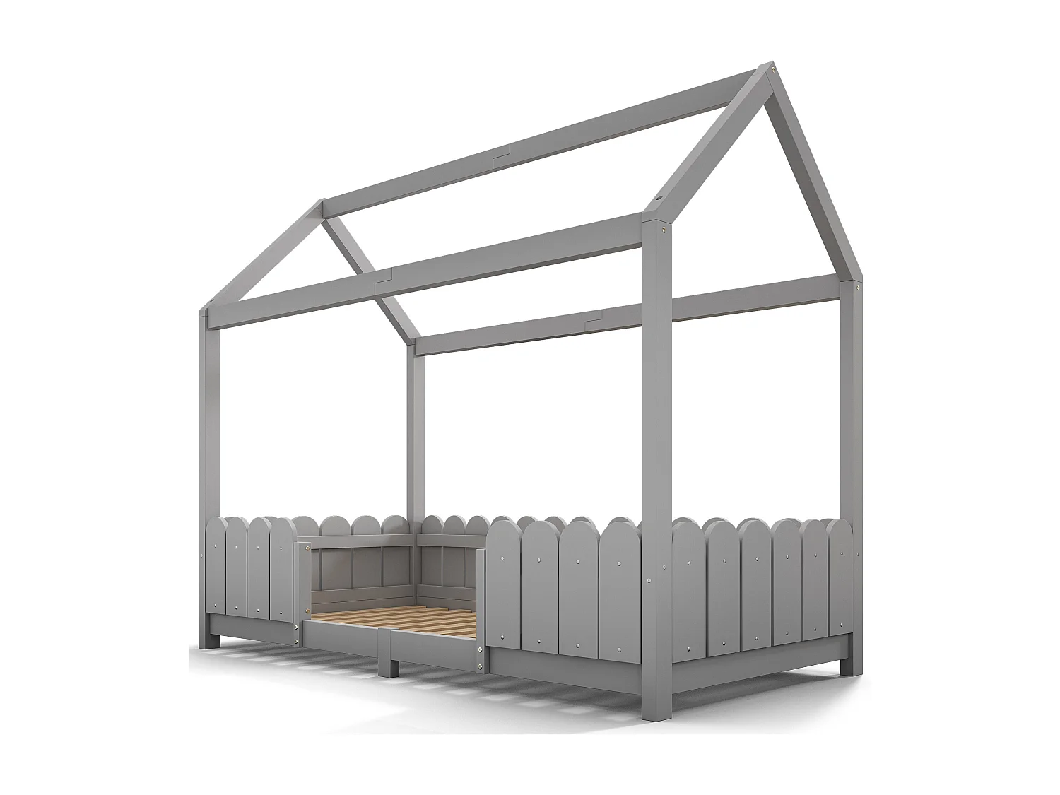Lit enfant 90x200 cm, avec toit, barrière de sécurité, sommier à lattes, bois massif et MDF gris(Sans matelas)