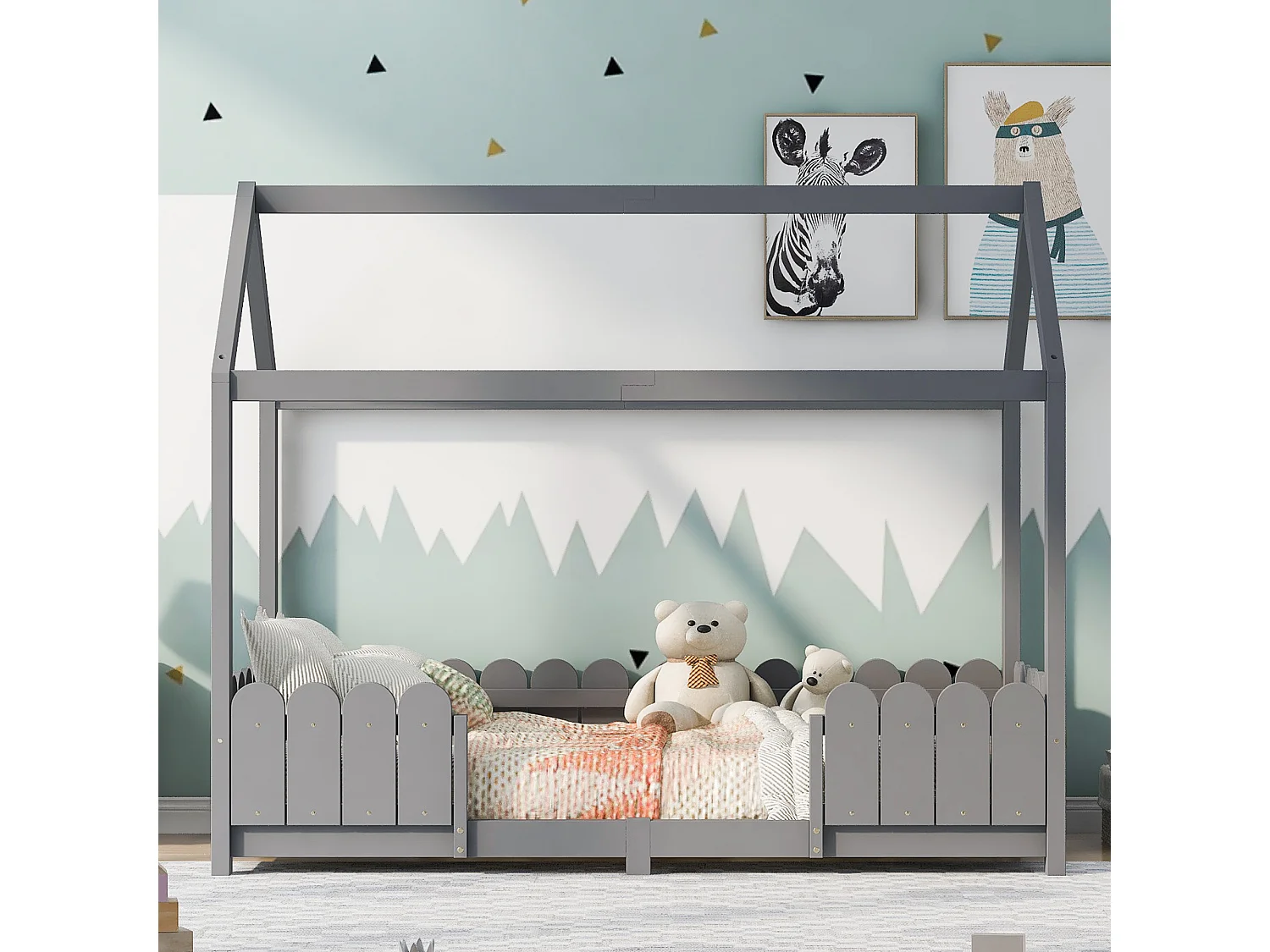 Lit enfant 90x200 cm, avec toit, barrière de sécurité, sommier à lattes, bois massif et MDF gris(Sans matelas)