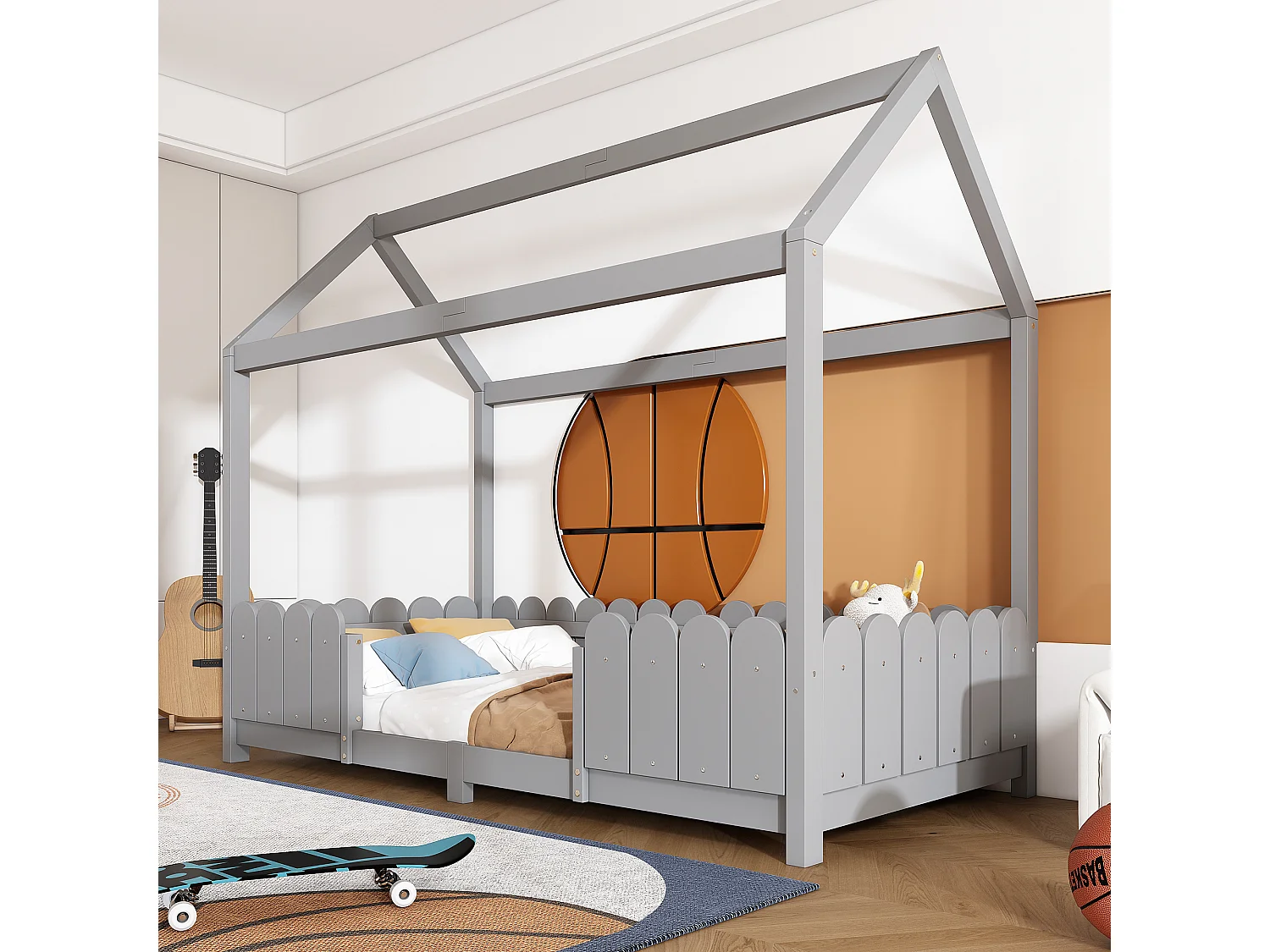 Lit enfant 90x200 cm, avec toit, barrière de sécurité, sommier à lattes, bois massif et MDF gris(Sans matelas)