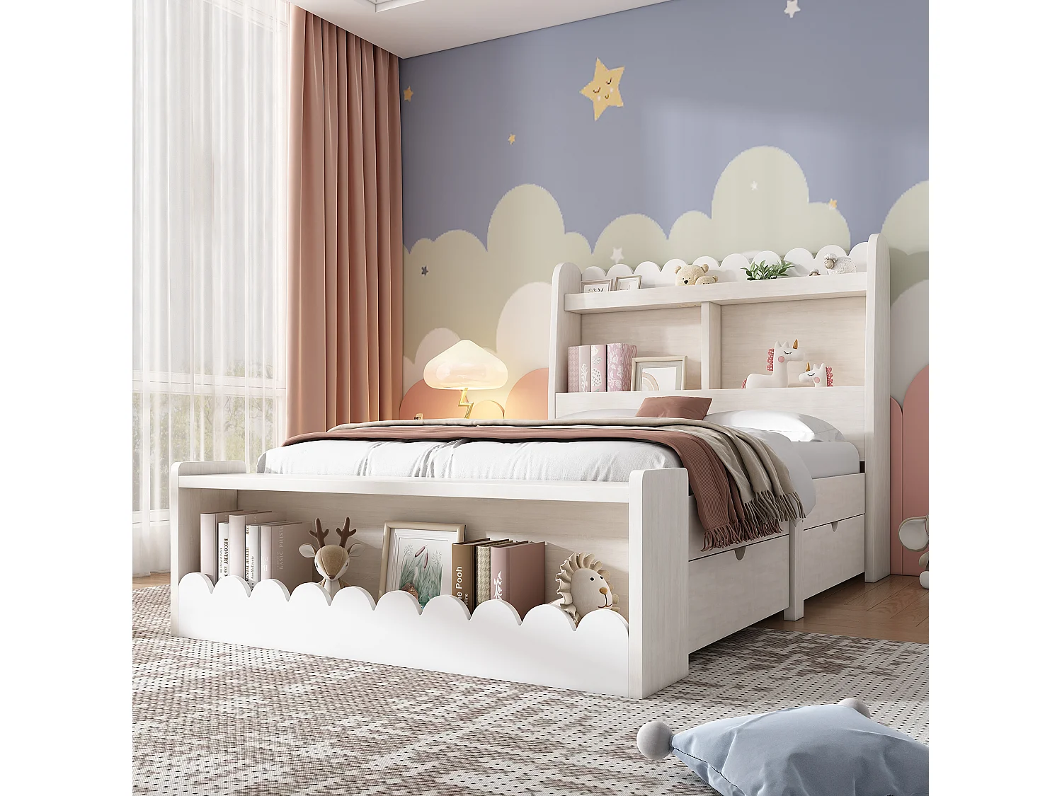 Lit enfant 90x190 cm avec sommier - tête de lit de rangement avec 2 tiroirs - cadre de lit en bois - blanc (sans matelas)