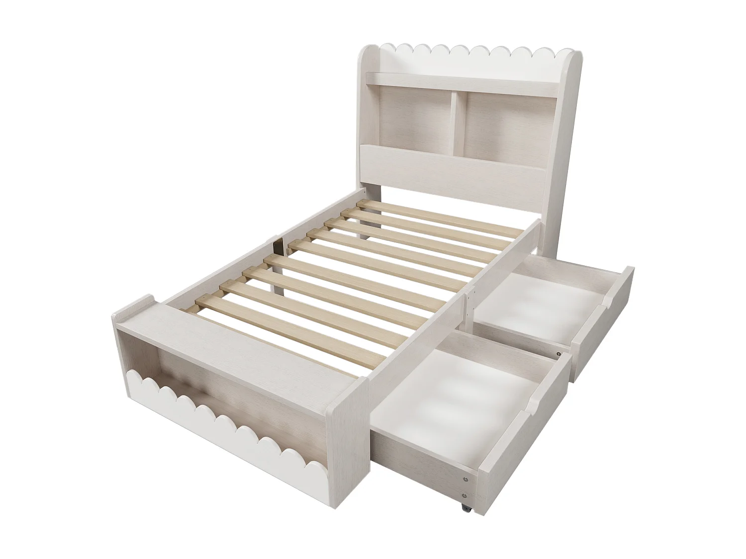 Lit enfant 90x190 cm avec 2 tiroirs, étagères et banc coffre en MDF et bois blanc et chêne clair (Sans matelas)