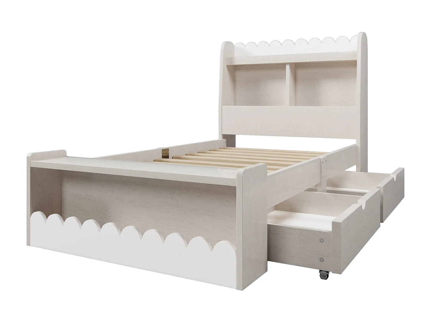 Lit enfant 90x190 cm avec 2 tiroirs, étagères et banc coffre en MDF et bois blanc et chêne clair (Sans matelas)