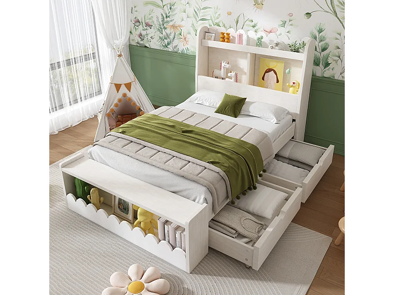 Lit enfant 90x190 cm avec sommier - tête de lit de rangement avec 2 tiroirs - cadre de lit en bois - blanc (sans matelas)