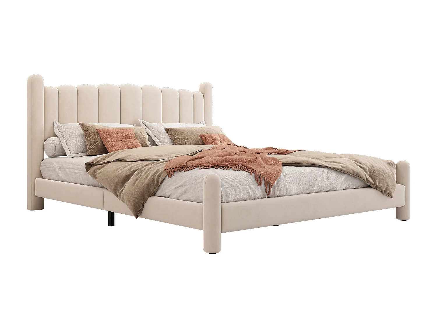 Lit double 180x200 cm, tête de lit ondulée, sommier à lattes épaisses, pieds cylindriques, velours beige(Sans matelas)